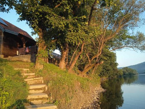 a staircase next to a river next to a house at MIKI Daca in Ljubovija