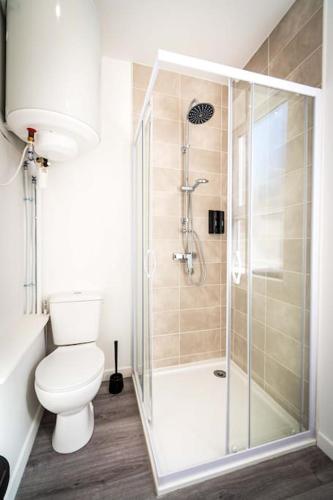 une salle de bain avec toilettes et douche en verre dans l'établissement L'Albatros 006 - Hypercentre * Cosy * Wifi, à Saint-Quentin