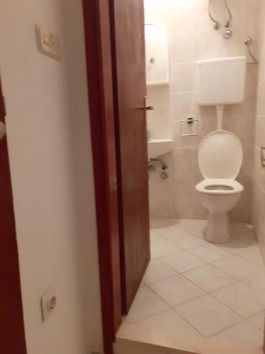 a bathroom with a toilet and a sink and a door at Apartmani Vlaho in Molunat