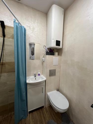 a small bathroom with a toilet and a sink at ApartmentsByMatyrafa-III in Tarnowskie Góry