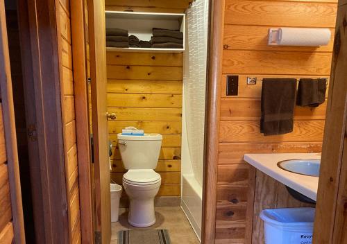 La salle de bains est pourvue de toilettes et d'un lavabo. dans l'établissement Trailshead Lodge - Cabin 3, à Lead