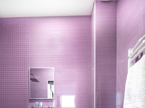 ボルジョミにあるHotel Caucasus Borjomiの紫の壁のバスルーム(鏡付)