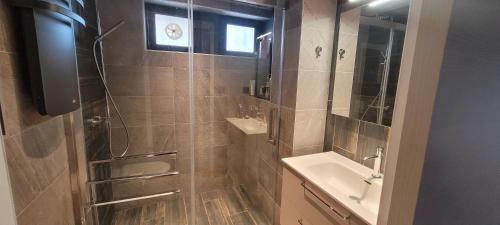 une salle de bain avec une douche, un lavabo et des toilettes dans l'établissement Pesquiers T2 grande terrasse, à Hyères