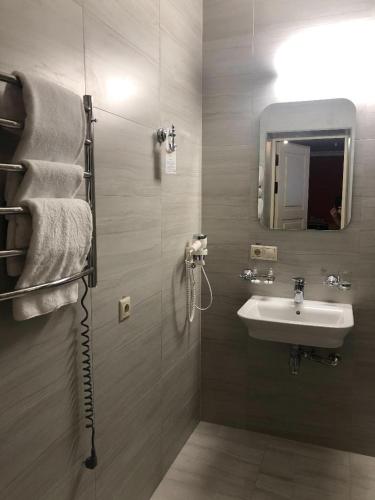 a bathroom with a sink and a mirror at Дбайлива Ципа in Mizhhirʼʼya