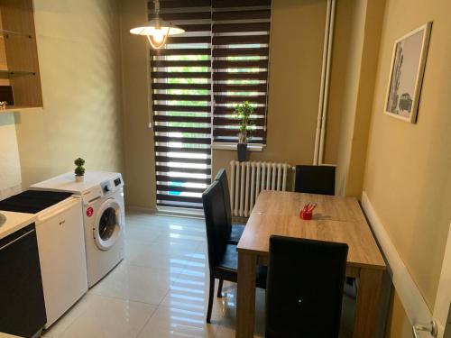 a kitchen with a table and a washing machine at Lungro's Square Apartment in Skopje