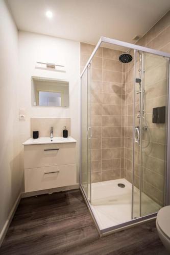 une salle de bain avec une douche, un lavabo et des toilettes dans l'établissement L'Albatros 002 - Hypercentre * Cosy * Wifi, à Saint-Quentin