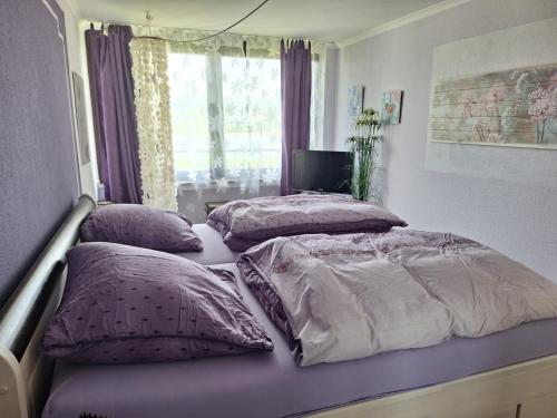 - une chambre avec 2 lits et une fenêtre dans l'établissement Rheinblick Apartment Remagen, à Remagen