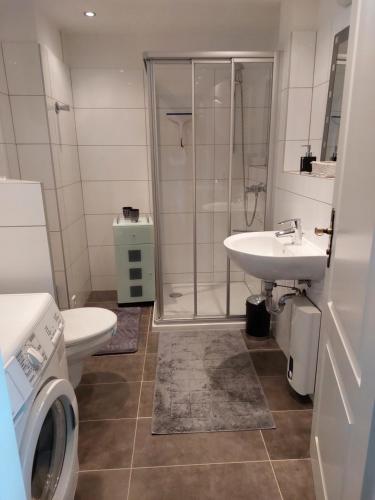 La salle de bains est pourvue d'une douche, de toilettes et d'un lavabo. dans l'établissement Rheinblick Apartment Remagen, à Remagen