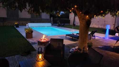 una piscina con chimenea junto a un árbol en "L'OSTAU", GRAND APPARTEMENT 84 m2 AVEC JARDIN, PISCINE, SALLE DE SPORT, 