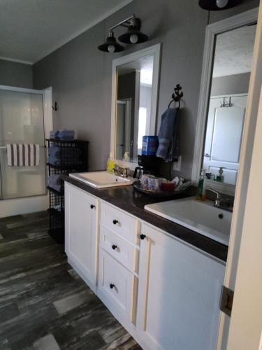 a kitchen with two sinks and a mirror at Riley's Pad Master Suite in Sevierville