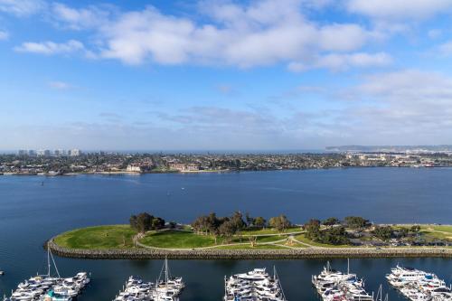 an aerial view of a marina with boats in the water at Marriott Marquis San Diego Marina in San Diego