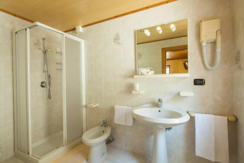 a bathroom with a sink and a shower and a toilet at Hotel Garnì Ai Serrai in Rocca Pietore