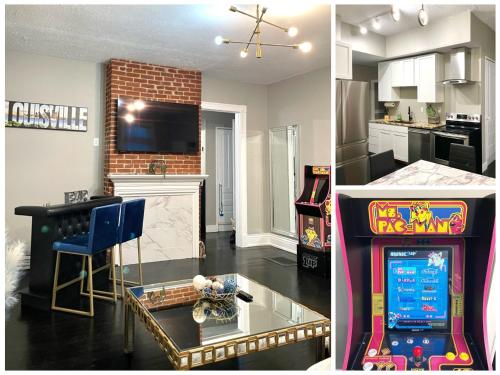 a kitchen and a living room with a video game at Cozy Home Apartments in Louisville