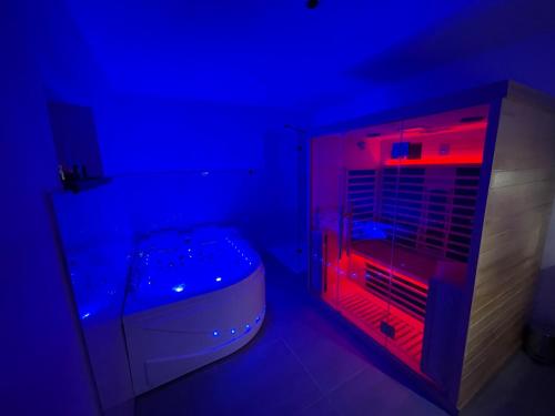 a bathroom with a blue and red lights in a room at Apartmány KŘENOV in Bernartice