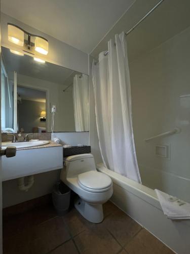 a bathroom with a toilet and a sink and a tub at The Cutty Sark in Dennis Port