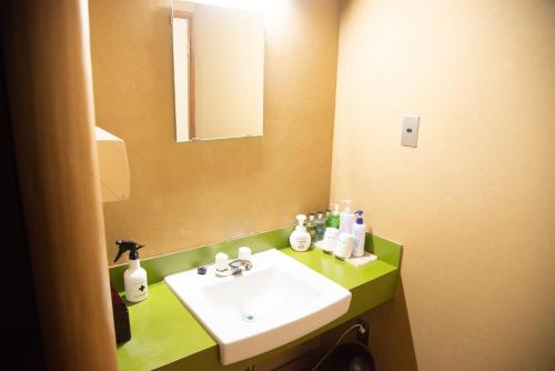 een badkamer met een witte wastafel en een spiegel bij Tanakaya in Kurobe