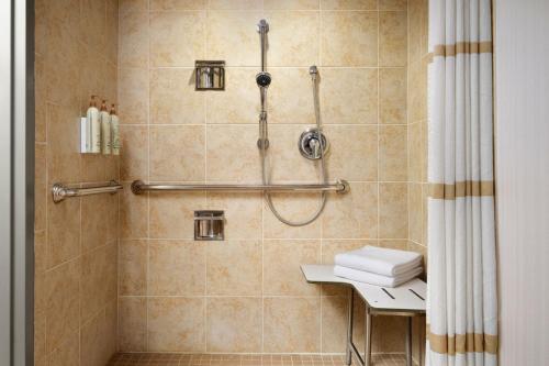 a bathroom with a shower with a shower curtain at Renaissance Boulder Flatiron Hotel in Broomfield