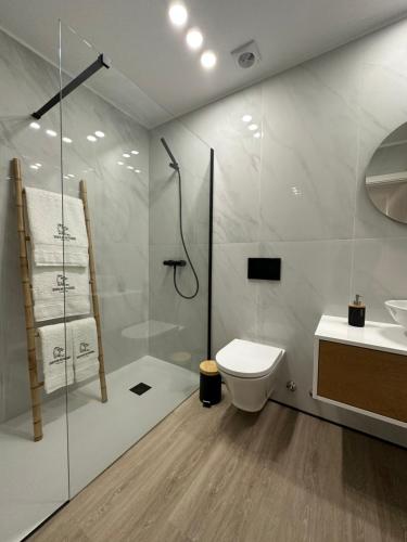 a bathroom with a shower and a toilet and a sink at Villa Deluxe - Quinta do Outeirinho in Celorico de Basto