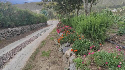 un jardín con flores de colores y una pared de piedra en Rancho Descanso, en Guano