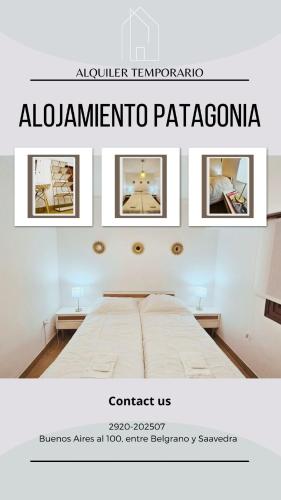 a poster for an art gallery with a bed in a room at Alojamiento Patagonia centro in Viedma