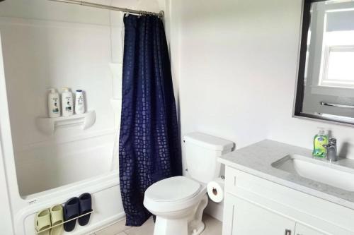 a bathroom with a toilet and a blue shower curtain at Coco home in Charlottetown