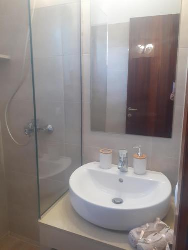 a bathroom with a sink and a glass shower at Marili Apartments in Roda