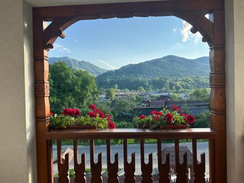 a window with flowers on a balcony with a view at Casa Maramureșană in Vişeu de Sus