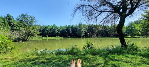 a persons feet standing in the grass near a lake at Les étangs du moulin d'Harcy in Lonny