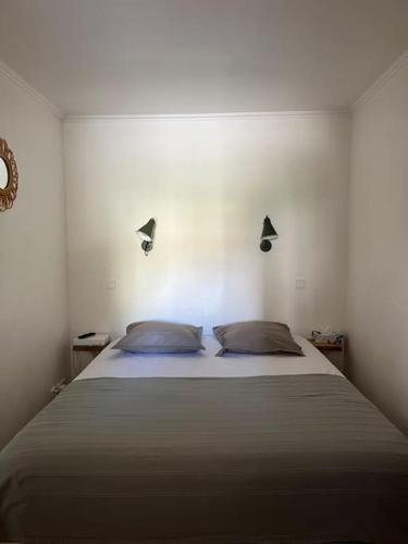 une chambre avec un grand lit avec deux oreillers dans l'établissement Vue lac avec accès piscine à vague, à Mallemort