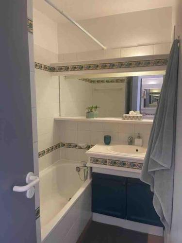 une salle de bain avec une baignoire, un lavabo et un miroir dans l'établissement Vue lac avec accès piscine à vague, à Mallemort