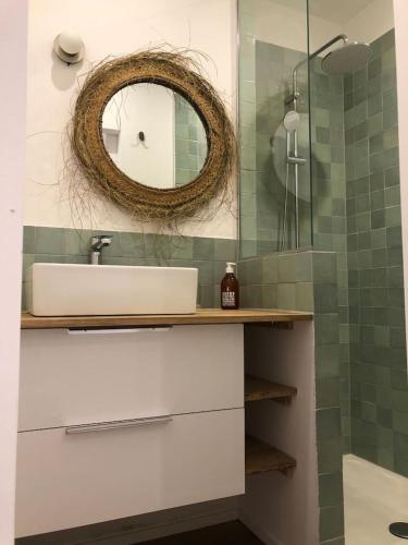 une salle de bain avec un lavabo et un miroir dans l'établissement Appartement plein centre cap ferret, à Lège-Cap-Ferret