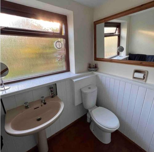 a bathroom with a toilet and a sink and a window at Ivy cottage in West Mersea