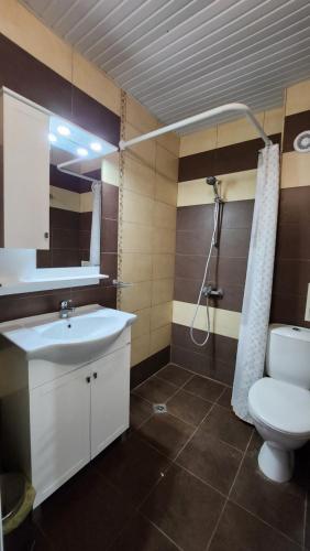a bathroom with a sink and a toilet and a shower at Nushev Hotel in Sveti Vlas