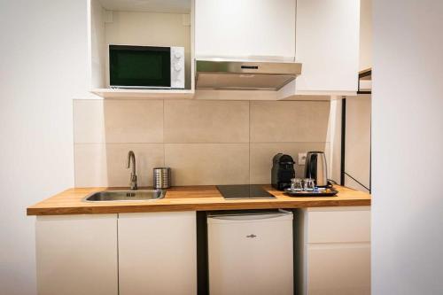 a kitchen with a counter with a sink and a microwave at L'Albatros 001 - Hypercentre * Cosy * Wifi in Saint-Quentin