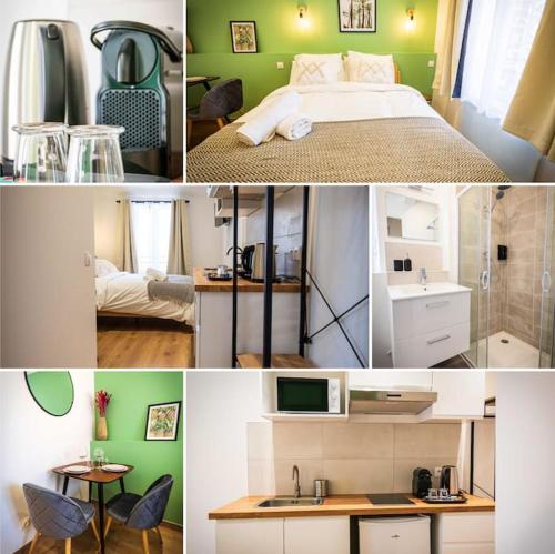un collage de photos d'une chambre avec un lit et une cuisine dans l'établissement L'Albatros 001 - Hypercentre * Cosy * Wifi, à Saint-Quentin