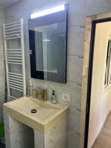 a bathroom with a sink and a mirror at Accommodation Casa Luca in Horezu