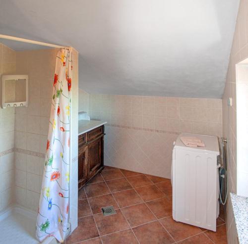 a bathroom with a shower curtain and a toilet at Rooms Agroturizam Romano in Buje