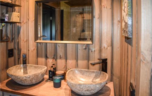 ein Badezimmer mit zwei Waschbecken an einer Holzwand in der Unterkunft 3 Bedroom Beautiful Home In Rauland in Rauland