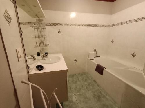 La salle de bains est pourvue d'une baignoire, d'un lavabo et d'une baignoire. dans l'établissement Ferme rénovée en Pierres Dorées, à Saint-Germain-Nuelles