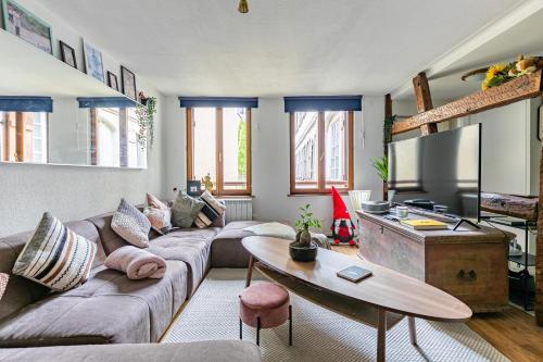 un salon avec un canapé et une télévision dans l'établissement * Loft 3 pièces/Calme, tout équipé @ Centre Ville, à Strasbourg
