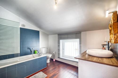 une salle de bain avec une baignoire, des toilettes et un lavabo dans l'établissement Le Raphaël centre historique, au Puy-en-Velay