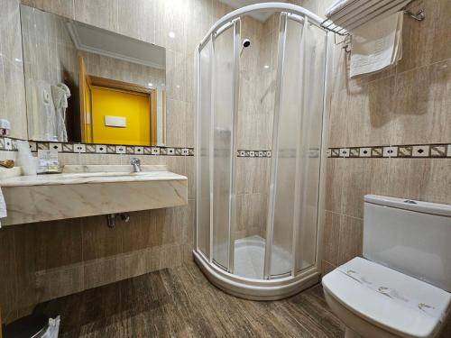 a bathroom with a shower and a toilet and a sink at Hotel Rural Casa Migio in Urbiés