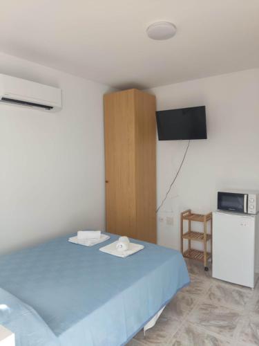 a bedroom with a blue bed and a tv at Habitacion puerto 1 o 2 personas in San José
