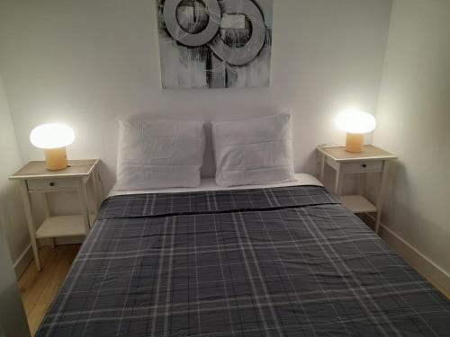 a bed with two lamps on the sides of it at appartement quai de la Fontaine in Nîmes
