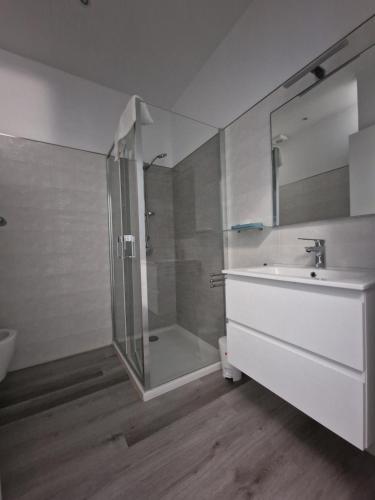 uma casa de banho com um chuveiro, um lavatório e um espelho. em La Presentosa Bed&Breakfast em Ortona