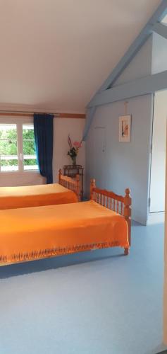 1 dormitorio con 2 camas con sábanas de color naranja en De couleurs et d'eau fraîche, en Navarrenx