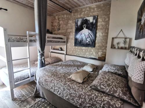 a bedroom with two beds and a bunk bed at Gîte de charme dans un cadre calme et reposant in Châtellerault