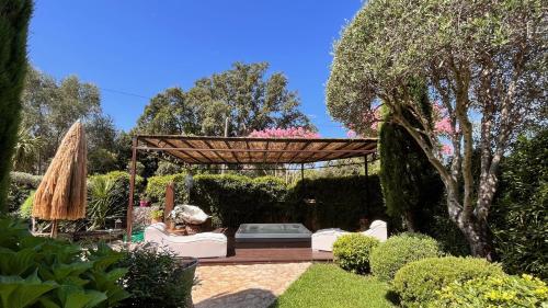 a garden with a wooden pergola and a table at Chez Virginie in Porto-Vecchio
