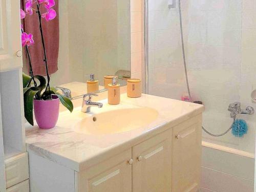 ein Bad mit einem Waschbecken und einem Spiegel in der Unterkunft Juan les pins 2 pièces vue mer Résidence Eden Park in Juan-les-Pins