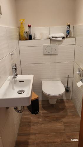 a bathroom with a white sink and a toilet at Erd´s Hoimatle in Jungholz
